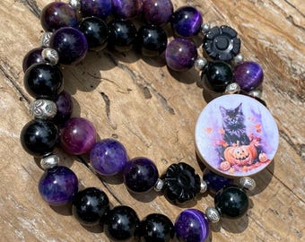 Black Cat Bracelet: Stretch Bracelet, Burmese Jade, Hill Tribe Fine Silver, Handmade, Halloween, Tigers Eye, Pumpkin, Boho Chic