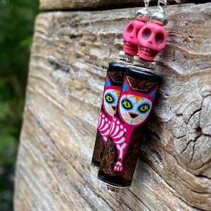 Boho Cat Earrings: Sugar Skull, Day of the Dead, 925 Silver