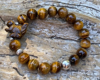 Tiger's Eye Stretch Bracelet, artisan handmade, carved Tiger's Eye Squirrel bead, earthy rustic, bracelet for fall, boho chic, stackable