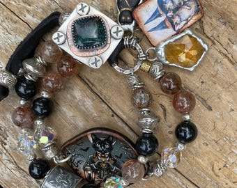 Black Cat Bracelet: Halloween Cat With Bats, Love Cat Bracelet Cuff, Opal Button, Phantom Quartz, Burmese Jade, Anne Choi Cat, Crystal Charm