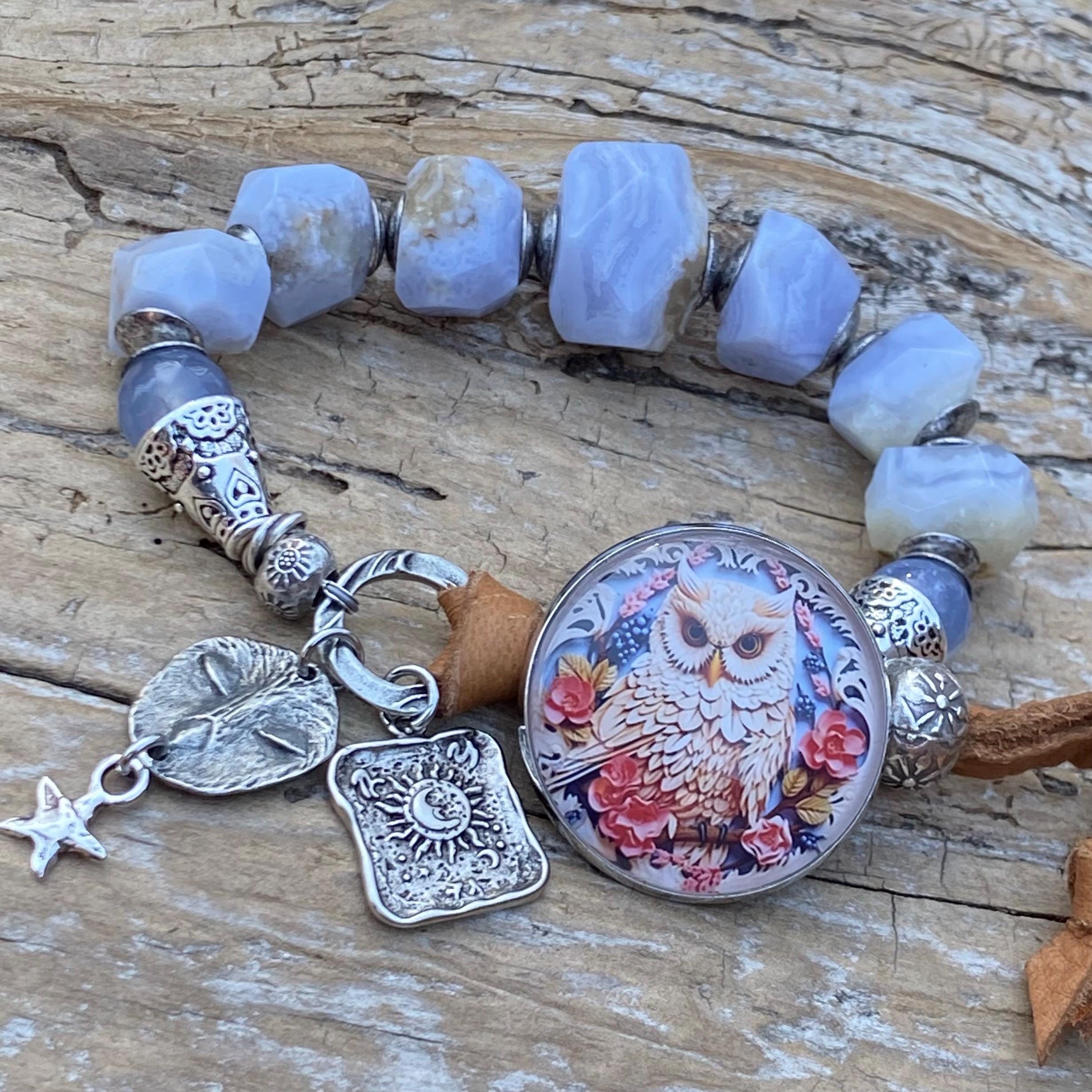 Blue Lace Agate Bracelet: Chunky Boho Owl Button, Celestial Charm, Fine Silver Beads