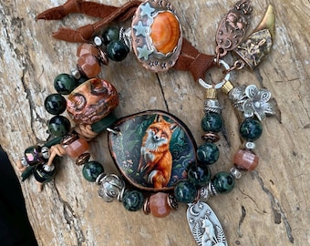 Art For Your Wrist: Fox Cuff Boho Chic Bracelet, Spiny Oyster Button, Kambaba Jasper from Africa, Fox Charms, Fine Silver, Ceramic Face Bead