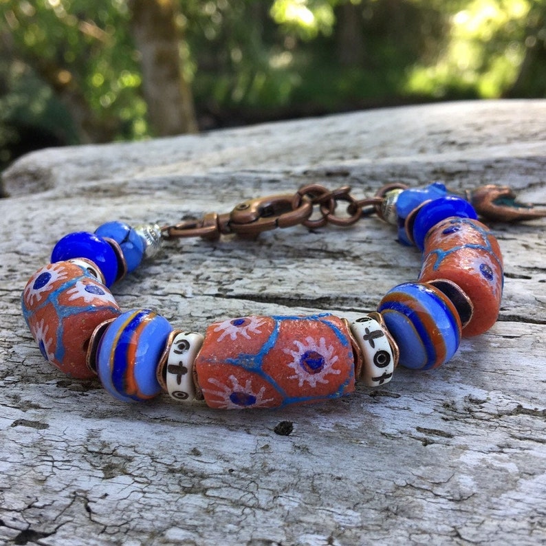 unique OOAK vintage lampwork glass boho chic beads from Africa Ghana Trade Bead Bracelet festival beaded bracelet heart in hand charm