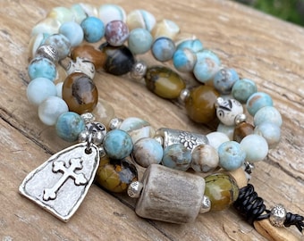 Boho Stretch Bracelet Set:  Hubei Turquoise, Larimar, Mother of Pearl, Cross Charm, Hill Tribe Silver, Boho Hippie Chic, Stacking Bracelets