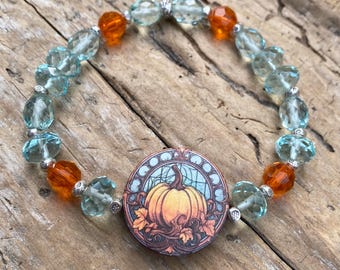 Pumpkin Stretch Bracelet: Bracelet for Fall, Vintage Crystal Beads, Boho Hippie Chic, Halloween Accessory, Hill Tribe Silver