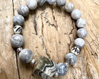Beachy Stretch Bracelet: Neutral Colors, Laguna Lace Agate, Boho Hippie Chic, Earthy Rustic, Hill Tribe Silver, Beach Accessory, Stackable
