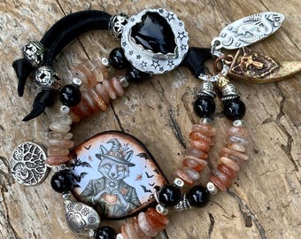 Art For Your Wrist: Sunstone, Fox Cuff, Onyx Heart Button, Burmese Black Jade, Halloween Bracelet, Fox Charms, Fine Silver, Gothic Chic
