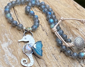 Seahorse Pendant Necklace: Artisan Handmade, Abalone Doublet & Aquamarine, Flashy Labradorite, Hand Knotted, Beachy Boho Chic