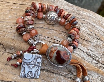 Rustic Earthy Boho Llama Bracelet, Chevron Jasper, artisan Chocolate Opal button, sterling silver Llama charm, Sunstone, western boho style