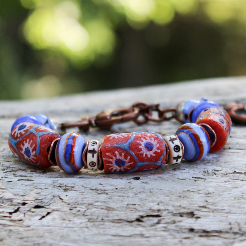 unique OOAK vintage lampwork glass boho chic beads from Africa Ghana Trade Bead Bracelet festival beaded bracelet heart in hand charm