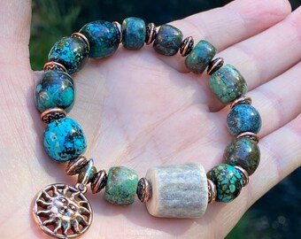 Boho Turquoise Stretch Bracelet: Genuine Hubei Turquoise, Natural Shed Antler, Copper Sun Charm, Hippie Chic, Stackable