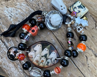 Halloween Ghost Bracelet: Trick or Treat Ceramic Cuff, Moon Face Celestial Button, Girl and Cat Charm, Black Jade, Ghost Charm, Boho Chic