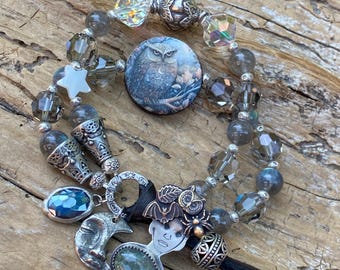 Owl Bracelet: Flashy Labradorite, Labradorite Gold Rutile Doublet Spooky Lady Button, Halloween Theme, Gothic, Vintage Swarovski Crystal