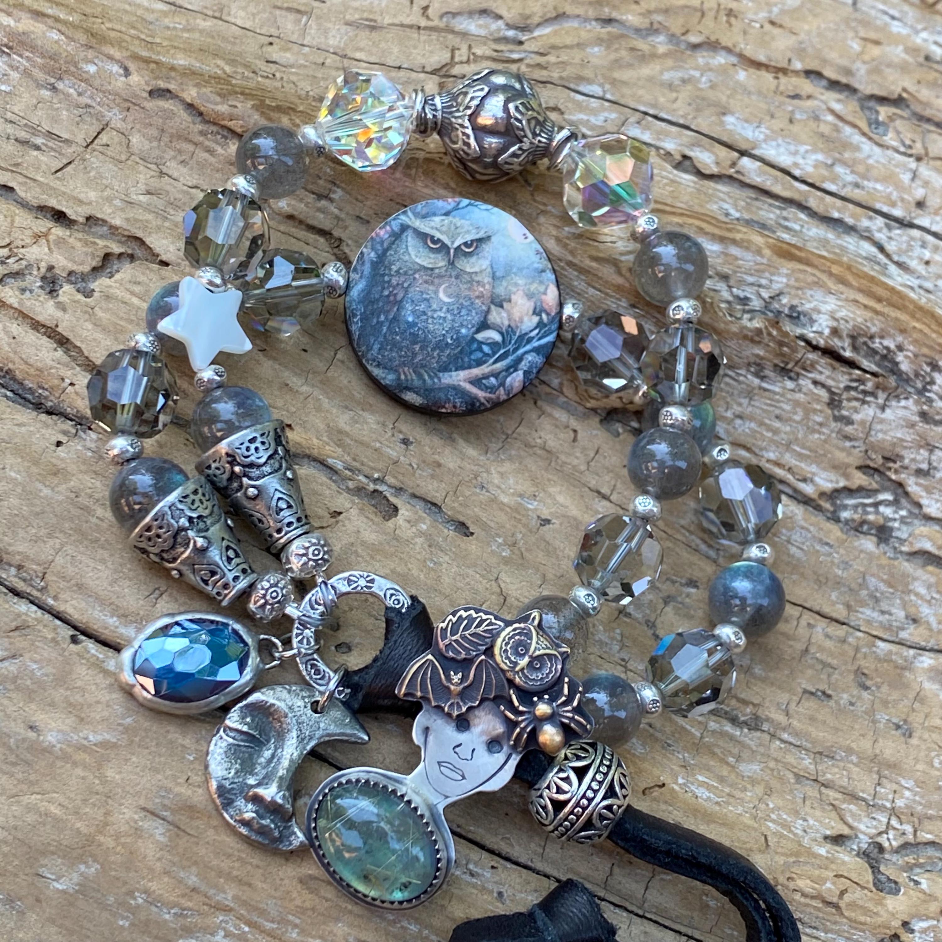 Owl Bracelet: Flashy Labradorite, Labradorite Gold Rutile Doublet Spooky Lady Button, Halloween Them