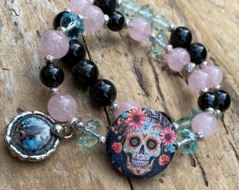 Sugar Skull Stretch Bracelet Set: Sugar Skull Focal, Rose Quartz, Burmese Jade, Haunted House Charm, Vintage Crystal, Hill Tribe Silver