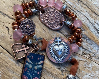 Sacred Heart Button Bracelet: Recycled Glass, Copper Cuff, Dragonfly Charm (Size 6.75" to 7.75")