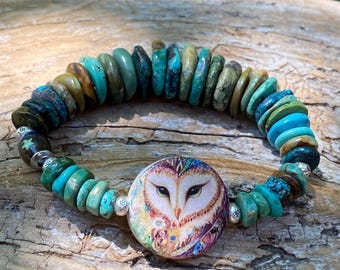 Genuine Turquoise Bracelet: Hubei Turquoise, Chunky Bold, Owl Focal, Stretch Bracelet, Earthy Rustic, Western Boho Hippie Chic
