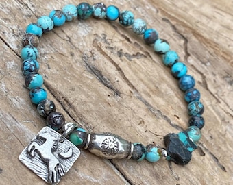 Minimalist Stretch Bracelet: Western Boho, Hill Tribe Silver, Stacking Style Bracelet, Hubei Turquoise, Horse Charm