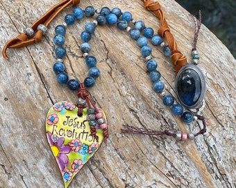 Flower Power Boho Necklace, artisan heart pendant, Stormy Blue Santa Maria Aquamarine, Labradorite button, Jesus revolution, Sixties Vibe