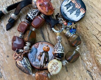 Halloween Pumpkin Heads Bracelet: Trick or Treat Ceramic Cuff, Three Black Cats Charm, Rustic Jasper, Star Button, Artisan Boho Chic OOAK