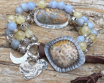 Artisan Blue Lace Agate Bracelet, Plume Agate button, handmade bracelet, Jasper bracelet link, boho chic gift, multi strand, one of a kind