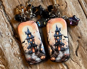 Halloween Earrings: Gold Filled Lever Back Ear Wires, Crystal Dangles, Haunted House, Gothic
