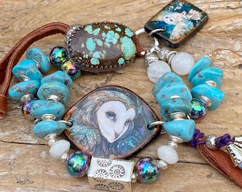 Owl Bracelet Cuff: Artisan Ceramic Owl, Owl Charm, Hill Tribe Silver, Kingman Turquoise, Hubei Turquoise Button, Silver, Chunky Boho Chic