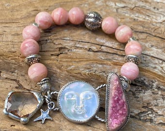 Pink Peruvian Opal Bracelet: Mother of Pearl Moon, Pink Calcite Druzy, Toggle Clasp, Crystal