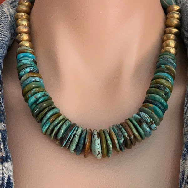 Echte Türkis Halskette, erdige rustikale Boho Halskette, klobige Stammes-Halskette, kühne Aussage Türkis Halskette, westlichen Stil Halskette