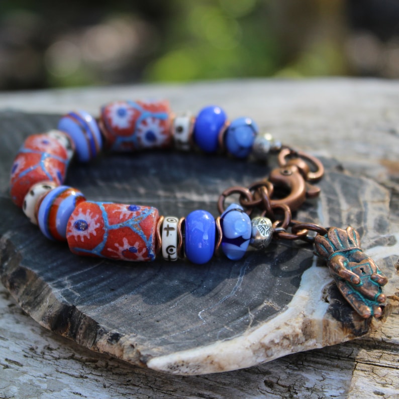 unique OOAK vintage lampwork glass boho chic beads from Africa Ghana Trade Bead Bracelet festival beaded bracelet heart in hand charm