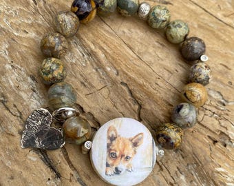 Dog Lover Stretch Bracelet: Sandal Jasper Beads, Dog Lover Gift, Hill Tribe Silver, Heart Charm, Stacking, Boho Hippie Chic, Cute Gift Her