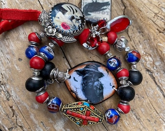 Boho Ceramic Raven Cuff Bracelet: Artisan Art Glass Skeleton Button, Silver, Mykonos Beads, Crystal