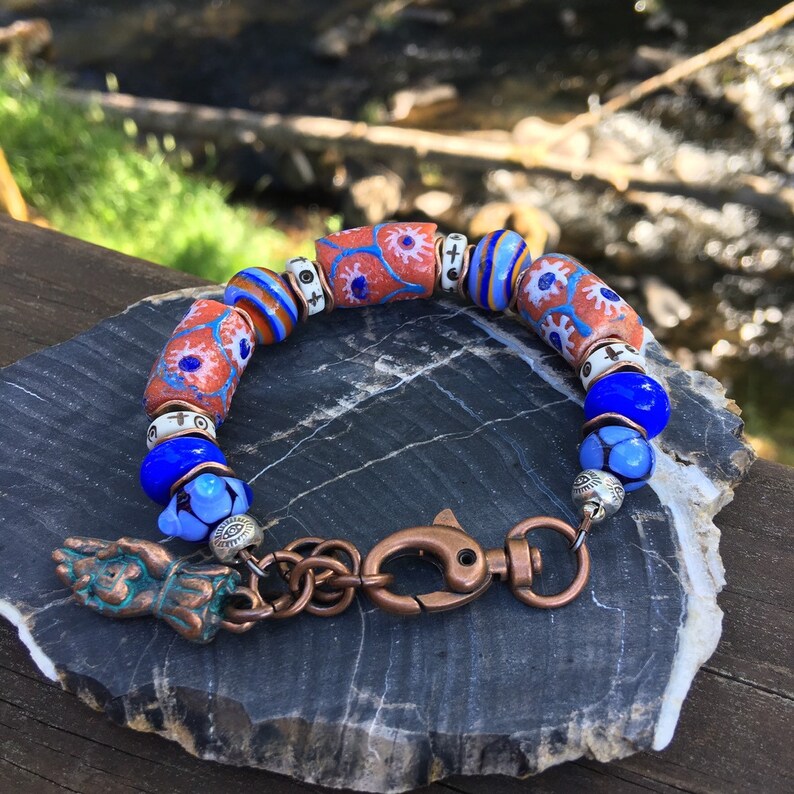 unique OOAK vintage lampwork glass boho chic beads from Africa Ghana Trade Bead Bracelet festival beaded bracelet heart in hand charm