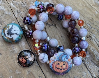 Artisan Halloween Stretch Bracelet: Pumpkin, Ghost Charm, Owl and Pumpkin Charm, Spooky, Boho Chic