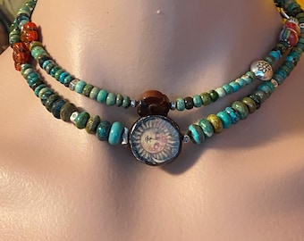 Turquoise Wrap Bracelet: Layering Necklace, Artisan Boho, Buffalo Nickel Button, Hill Tribe Silver, Flowers