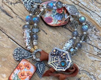 Flower Cuff Bracelet:  Flashy Labradorite, Spiders and Web Button, Flower Charm, Butterfly Charm, Spooky, Heart Charm, Swarovski Crystal