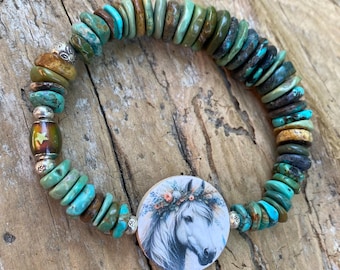 Genuine Turquoise Bracelet: Hubei Turquoise, Chunky Bold, White Horse Focal, Stretch Bracelet, Earthy Rustic, Western Boho Hippie Chic