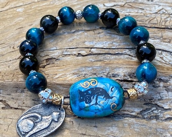 Spooky Witch Bracelet: Artisan Connector, Halloween Stretch Bracelet, Cat Charm, Tigers Eye