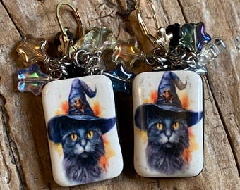 Black Cat Halloween Earrings: Gold Filled Lever Back Ear Wires, Crystal Dangles, Gothic Boho