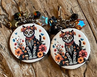 Halloween Cat Earrings: Gold Filled Lever Back Ear Wires, Crystal Dangles, Cat Skeleton