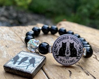 Black Cat Bracelet: Stretch Bracelet, Black Obsidian Beads , Hill Tribe Silver, Gothic Halloween, Boho Hippie Chic, Stacking, Crows Charm