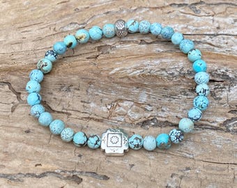 Minimalist Stretch Bracelet: Western Boho, Hill Tribe Silver, Stacking Style Bracelet, Hubei Turquoise