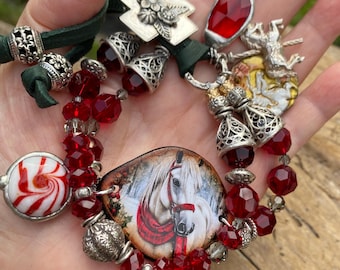 Festive Holiday Bracelet: Ceramic Horse Cuff, Sterling Silver Button, Vintage Red Crystal, Carousel Horse Charm, Christmas Horse, Boho Chic
