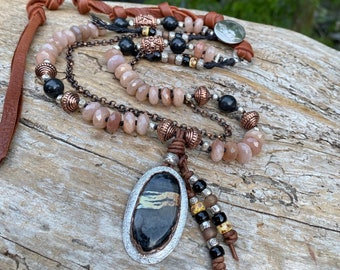 Peach Moonstone Boho Necklace, artisan handmade Ribbon Variscite and copper forest bezel pendant, Shungite, copper, Buffalo Nickel button