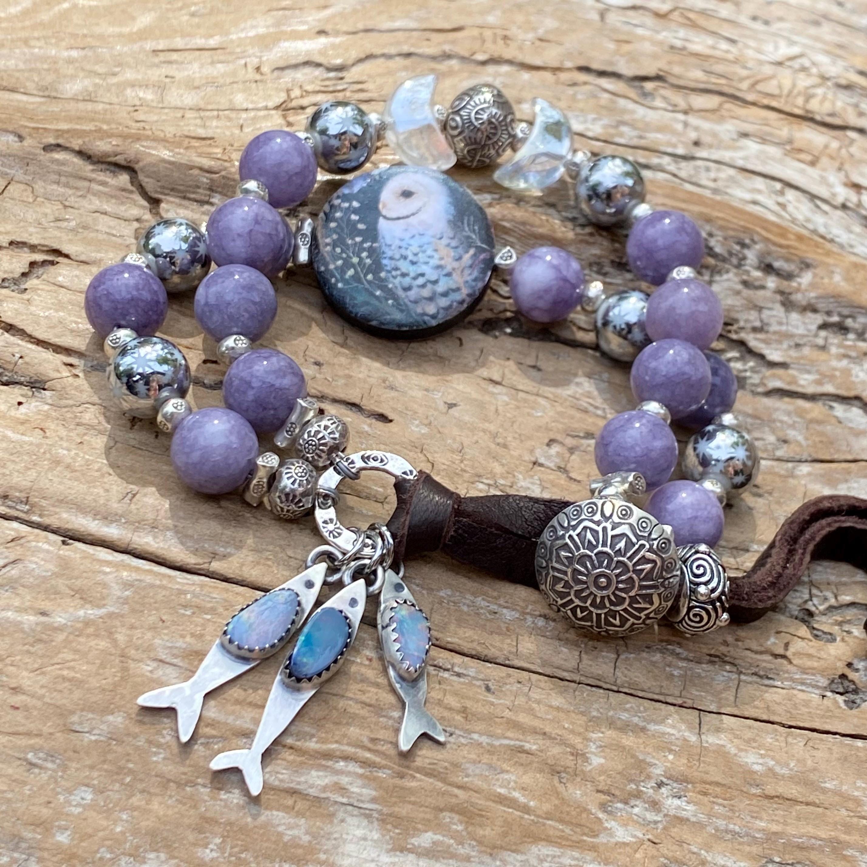 Boho Owl Bracelet: Opal Fish Charms, Purple Lepidolite, Star Patterned Beads, Hill Tribe Silver, Art