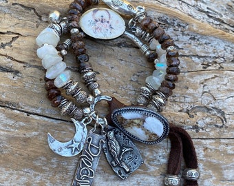 Mystic Moonstone Bracelet, Rare Andalusite beads, artisan Wild Horse Jasper button, boho Fox bracelet, crow charm, handmade ooak bracelet