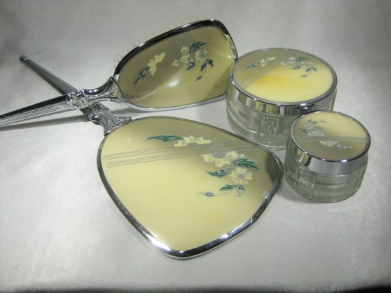 Vintage Vanity Set Glass Jars With Lid Brush Mirror Decorative Bathroom Decor Fl Early Mid Century Canada Boudoir Powder Jar
