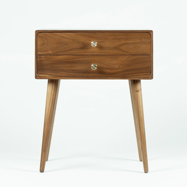 American Walnut Nightstand With Drawers and Brass Handles Mid Etsy