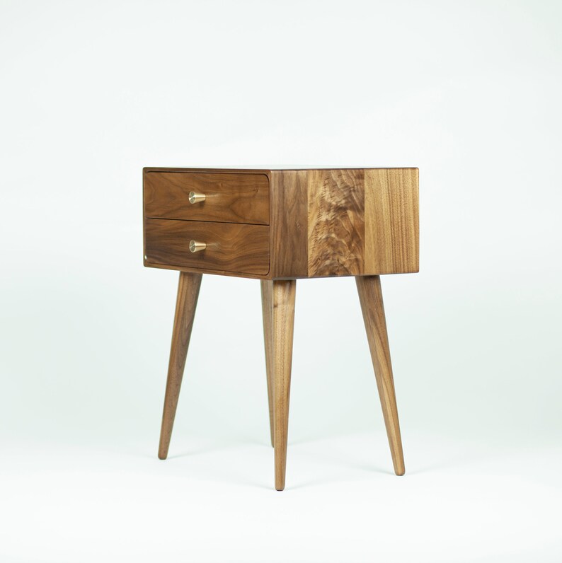 American Walnut Nightstand With Drawers and Brass Handles Mid Etsy