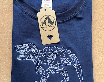 Embroidered T-Rex Dinosaur t-shirt -Embroidered T-Rex line drawing crew neck tee. The perfect gift for dinosaur or animal lovers. Monochrome